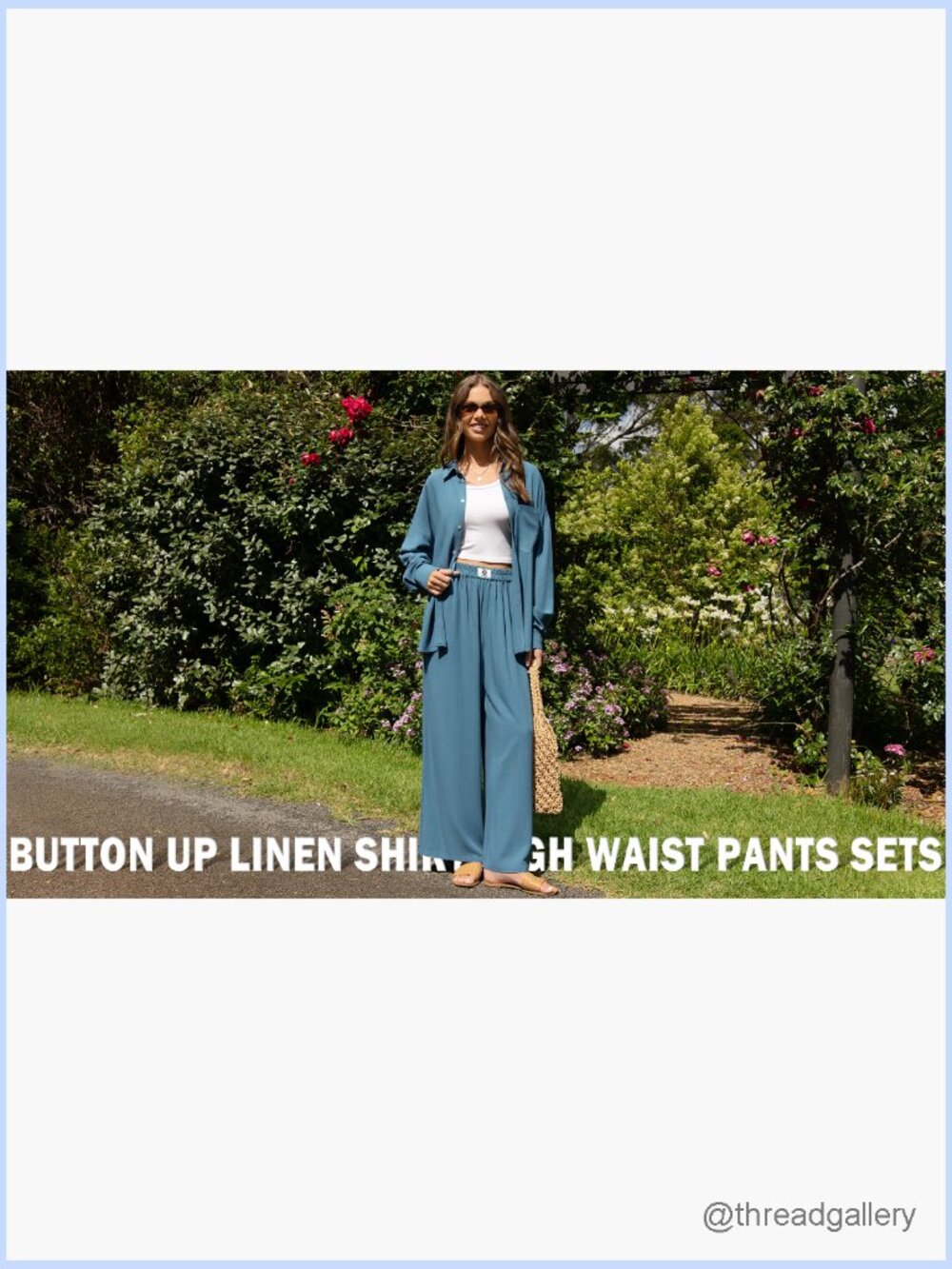 Women's Linen 2 Piece Lounge Set - Button Down Shirt & Wide Leg Pants - Picture 7 of 7